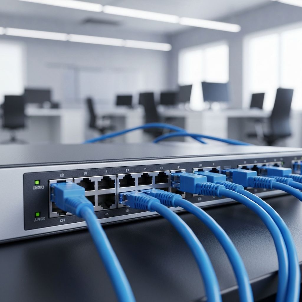 Close-up of a modern network switch with ethernet cables, representing JTIT's reliable IT infrastructure
